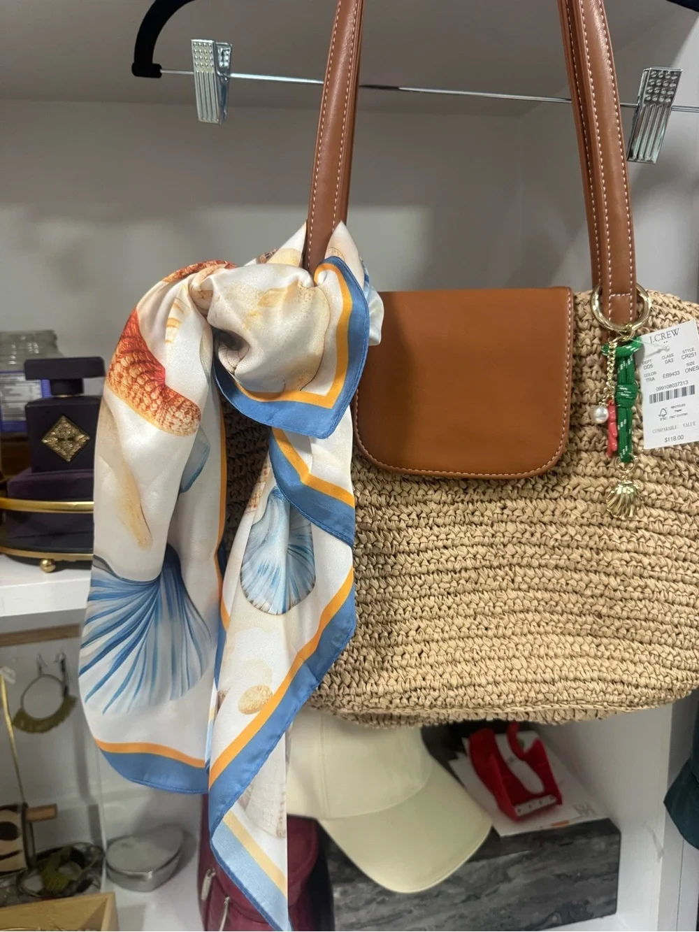 J.Crew NWT Raffia Tote w/ Nautical Shell & Coral Charm 🐚🪸 Coastal Resort Beach B